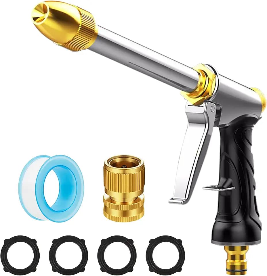 Heavy Duty Garden Hose Nozzle Sprayer - 100% Metal High Pressure Water Gun with Adjustable Spray Modes, Brass Tip & Quick Connectors, Non-Slip Grip for Watering Plants, Lawn, Car Wash & Patio Cleaning