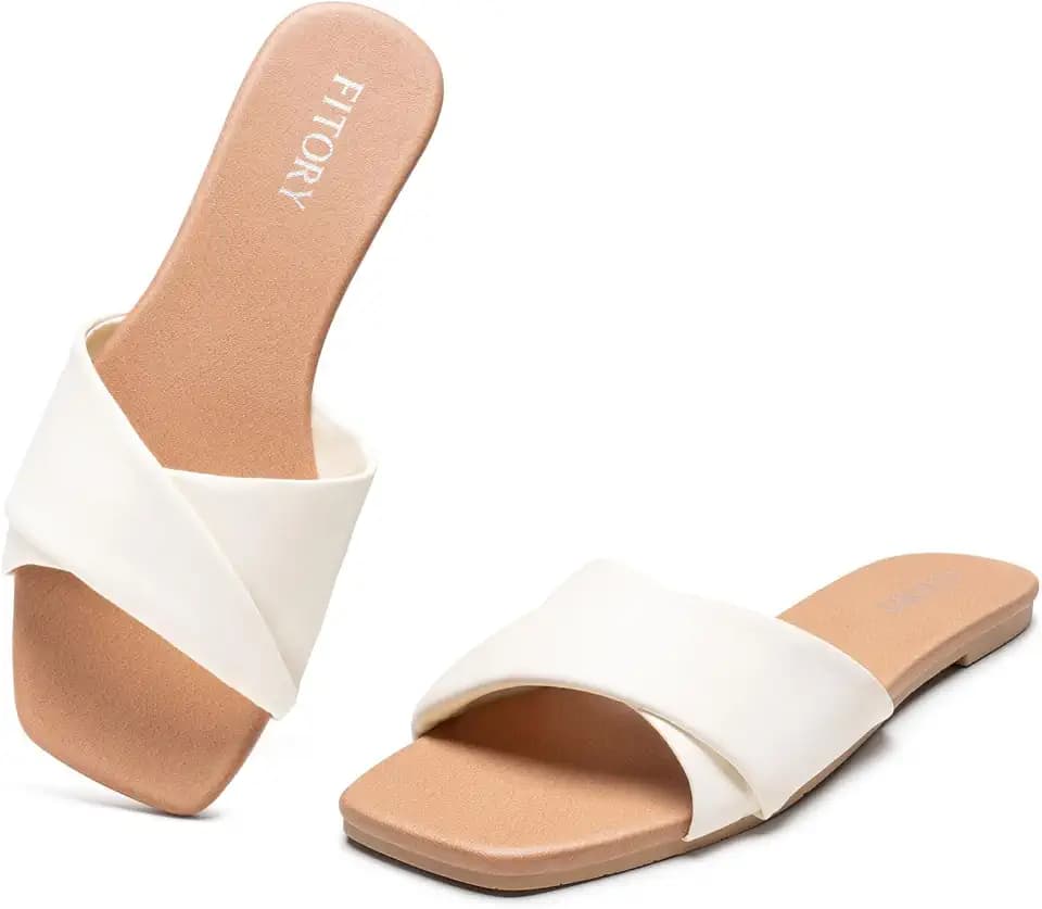 FITORY Women's Flat Sandals, Fashion Square Toe Slides with Cross-Strap