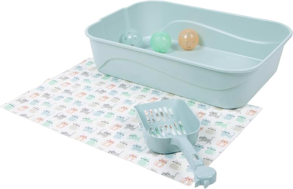 Kitty City Kitten Low Sides Litter Box & Mat Starter Set - Open Top Small Litter Pan Tray, Easy Clean Non-Stick, Odor Resistant, Indoor Kitten Toilet for New Pet, Scoop & Toys - Blue, 15”x10.5”x3.5”