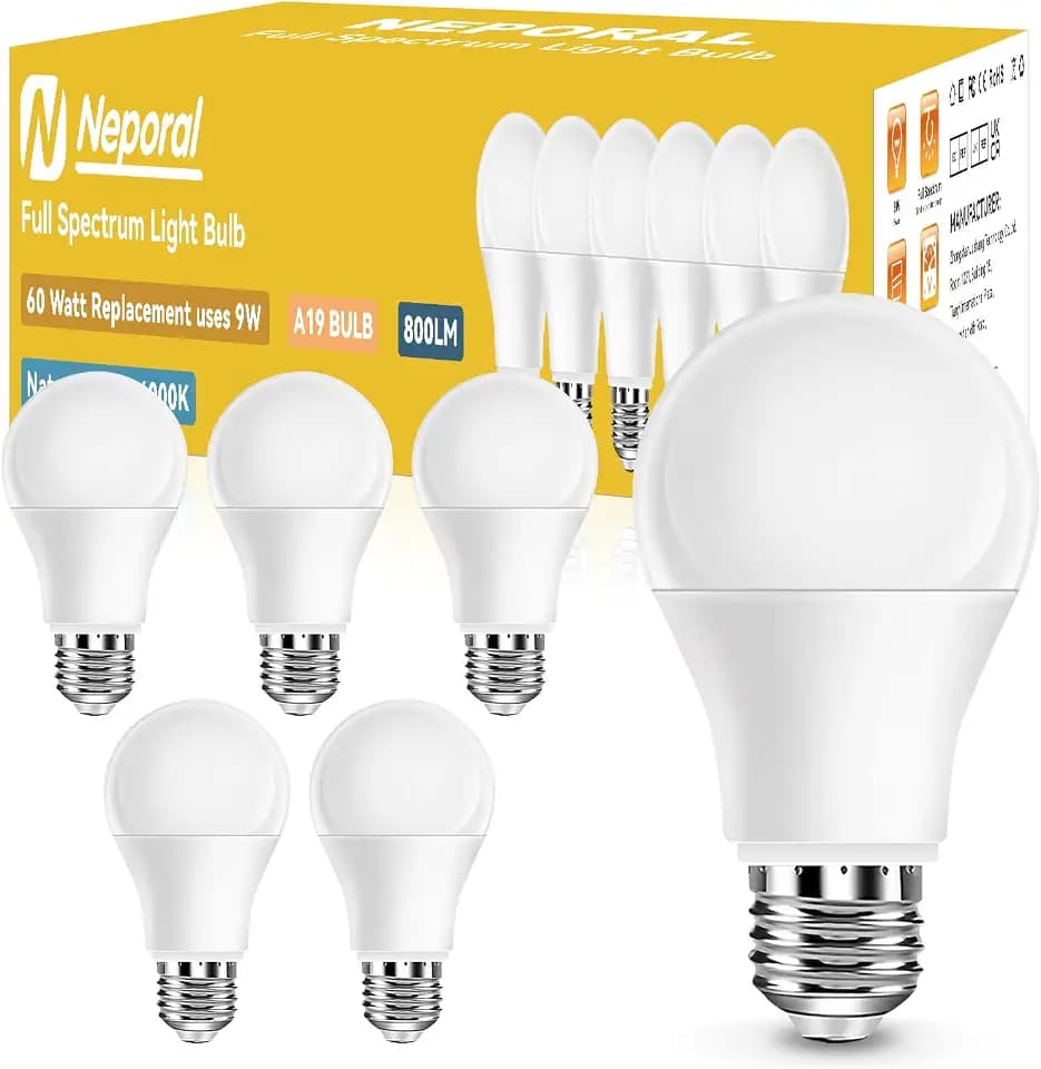 Full Spectrum Light Bulb, 6000K Natural Sunlight Bulbs, 9W 60W Equivalent LED Light Bulb, Natural Light Bulbs A19, E26/E27 LED Light Bulbs for Home, 6 Pack