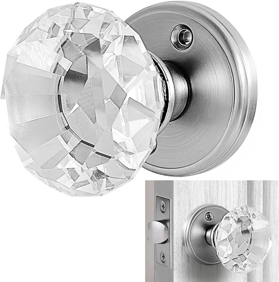 Crystal Door Knob with Lock, Glass Door Knobs Interior Privacy/Passage Set, Vintage Decorative Antique Style Handle for Bedroom, Bathroom, Closet (Satin Nickel, Passage Function - 1 Pack)