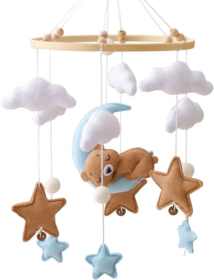Baby-Mobile fürs Babybett aus Filz und Holz, Dekoratives Mobile mit Bären, Mond, Sternen, Wolken und Glöckchen, Hängedekoration fürs Babyzimmer, Babybett-Deko, Geschenk zur Geburt