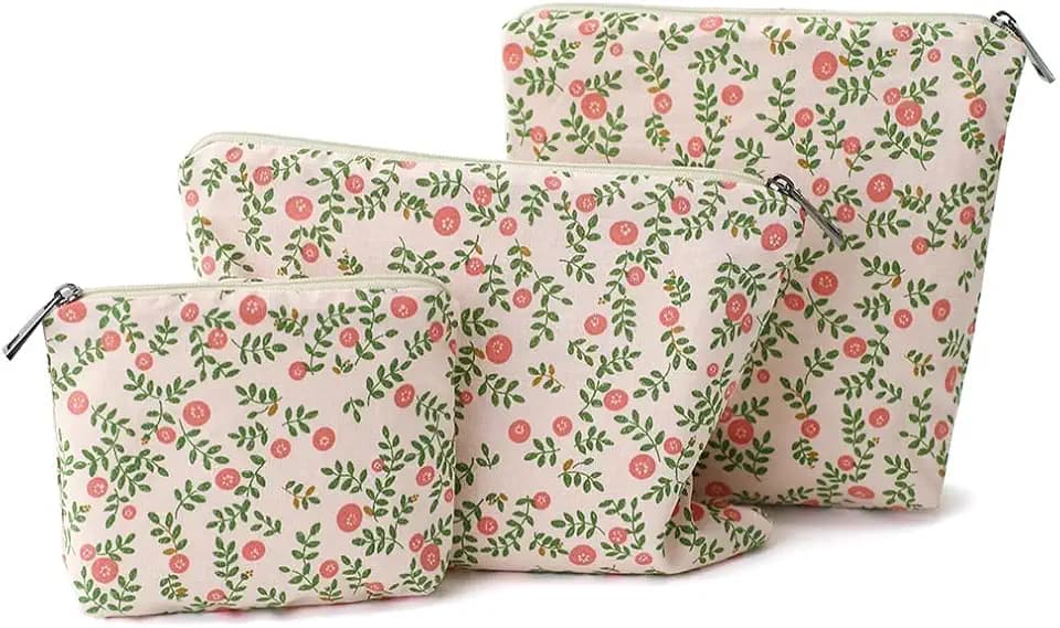Small Cosmetic Bag Set of 3 for Purse, Pink Berry Cotton Makeup Bags, 3 Sizes Zipper Pouch Organizer for Travel & Toiletries, Gift for Her Birthday, Bridesmaid & Best Friend