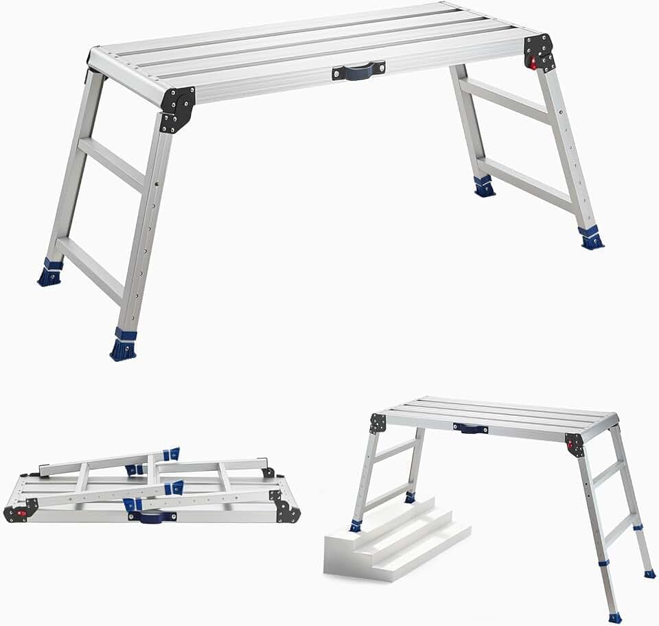 VEVOR Arbeitsplattform 1016x457mm, Klappbare Arbeitsbühne aus Alu mit 226,8kg Tragkraft, 584-876mm Höhenverstellbare Laufbühne mit Sicherheitsverriegelung, Tragbare Stufenleiter für Haus Werkstatt
