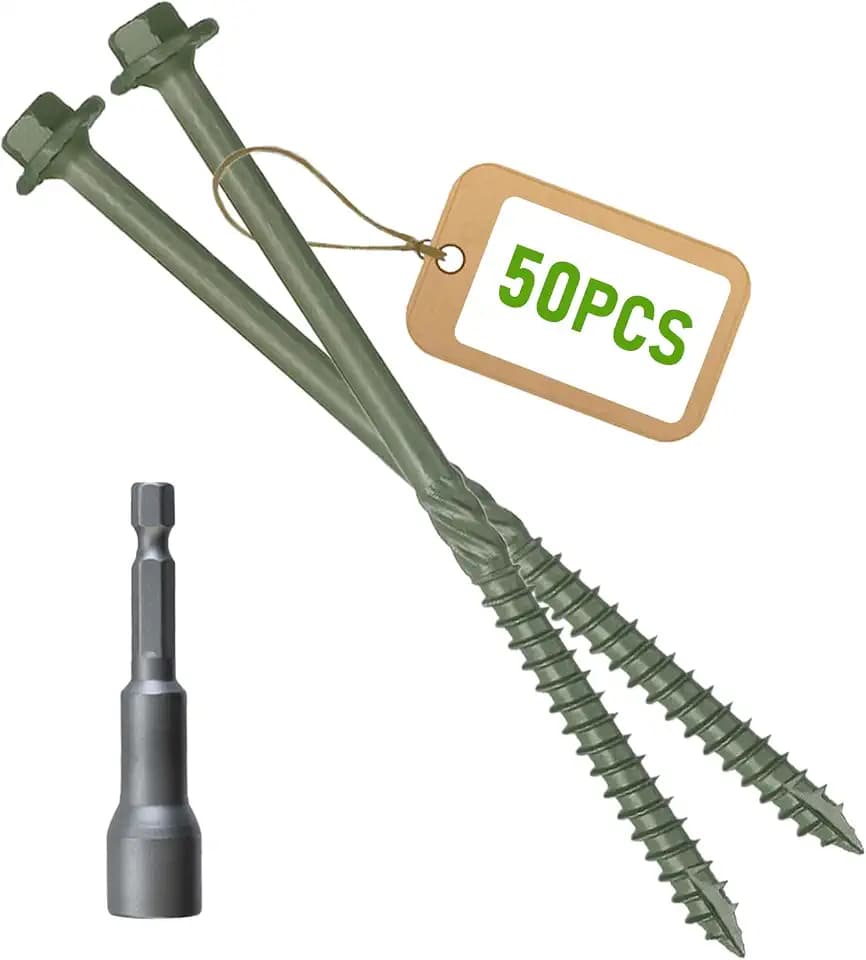 [Pack of 50] #14 x 8 Wood Structural Screws, Green Coated Heavy Duty Hex Head Timber/Log/Landscaping Wood Screws, Rust Resistant, Hex Socket Included