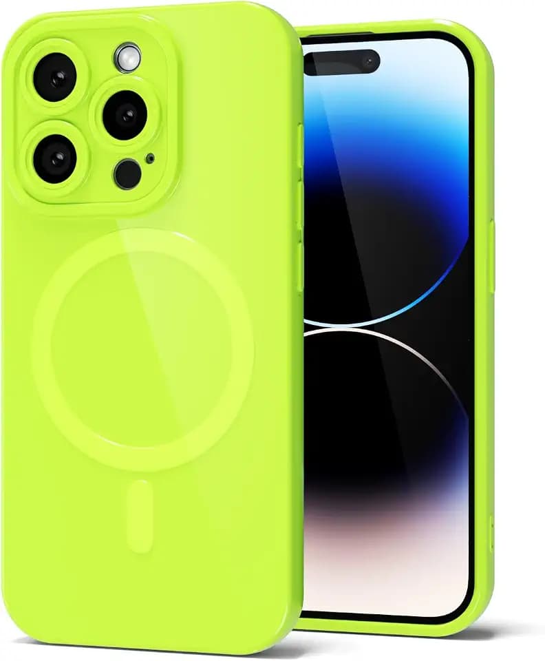 Svanove for iPhone 14 Pro Phone Case Silicone Magnetic, Compatible with Magsafe Case Cute for Women, Girly Bright Color Glossy Jelly Thin Slim Hard Mag Safe Rubber & Camera Cover, Neon Green Lime