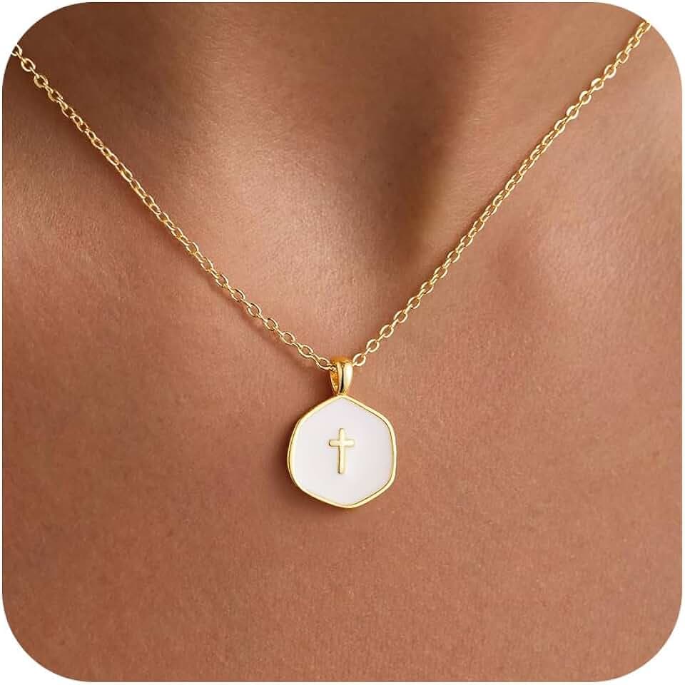 M MOOHAM Enamel Mini Cross Necklace for Women Girl, 14K Gold Plated Jewelry