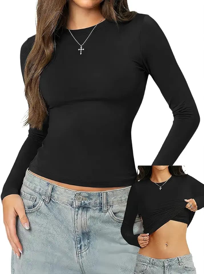 Danysu Double Lined High Round Neck Long Sleeve Tops for Women with Built in Bra Nylon Basic Crop Fall Tee Shirts