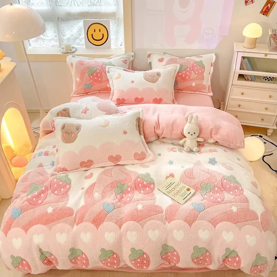 Pink Strawberry Duvet Cover Set Fluffy Duvet Cover Kawaii Cartoon Comforter Cover Soft Kids Duvet Cover Queen Bedding Set (Strawberry, Queen)