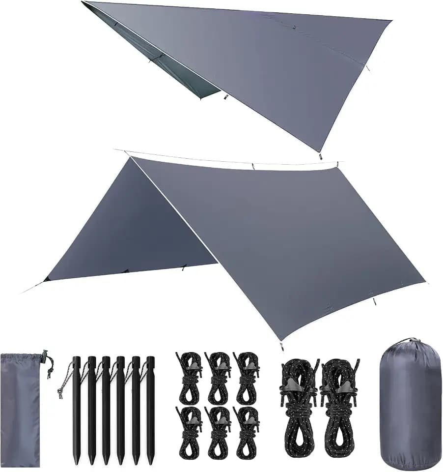 Tarp 3x3/3x5M Wasserdicht, Ultraleicht Camping Zeltplane, Anti-UV Sonnen Regen Schutz Schnee, mit Öse + Aluminiumstifte + Nylonseile, Leicht Kompakt, für Camping Picknick Wandern Hängematte