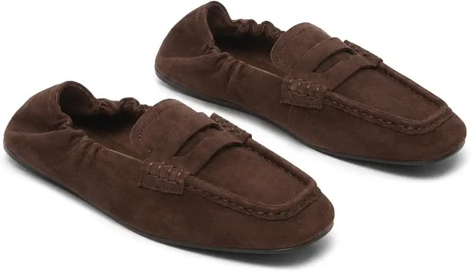 Coutgo Penny Loafers for Women Square Toe Elastic Flats Slip On Dress Shoes