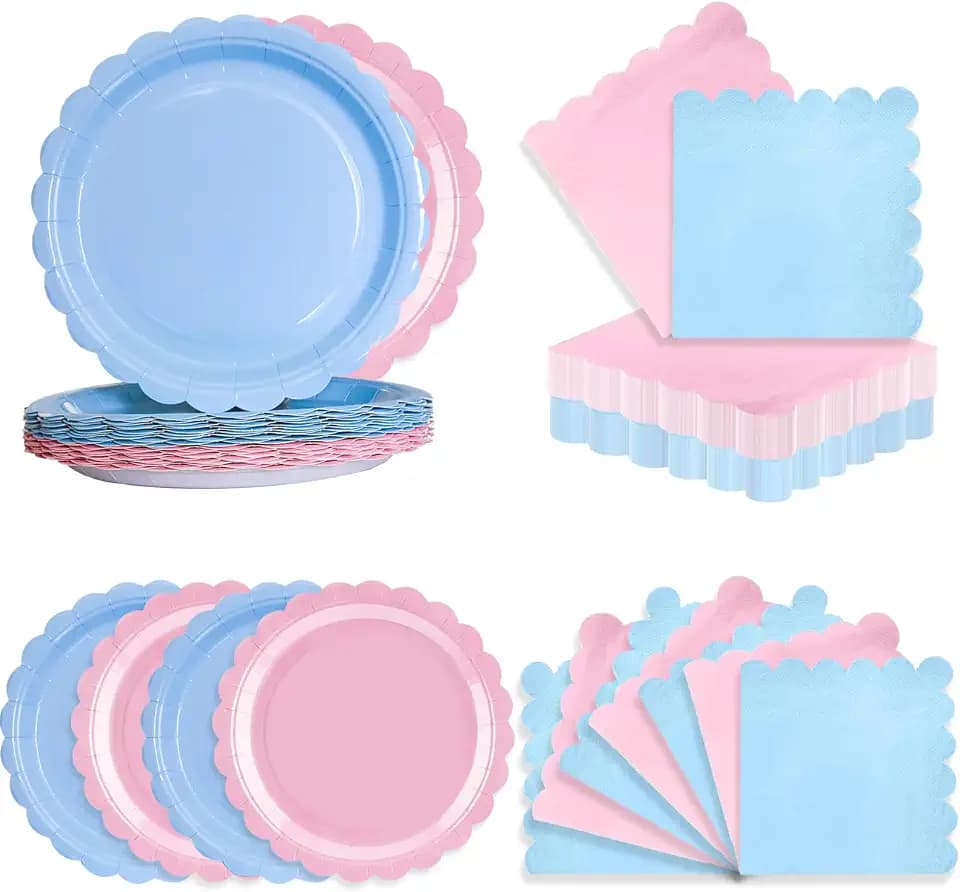 50 Pcs Gender Reveal Paper Plates and Napkins for Boy or Girl Themed Party, 7" Light Pink and Blue Birthday Party Scalloped Dessert Plate for Baby Shower, Birthday, Wedding Decoration