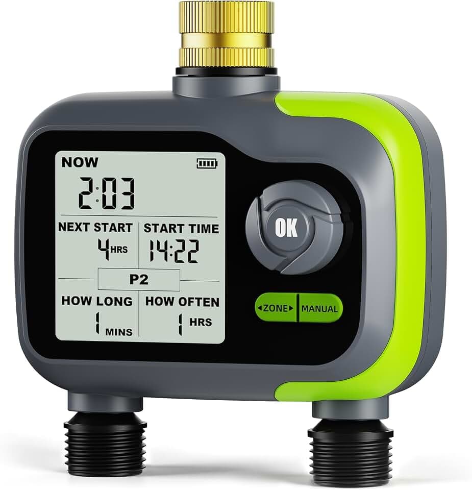 Sprinkler Timer, Brass Inlet Programmable Watering Timer for Garden Hose Fits 3/4” US Faucet, Outdoor Auto& Manual Hose Timer w/Rain Delay& Lock, Dirp Irrigation for Lawn, Yard, 2 Outlets