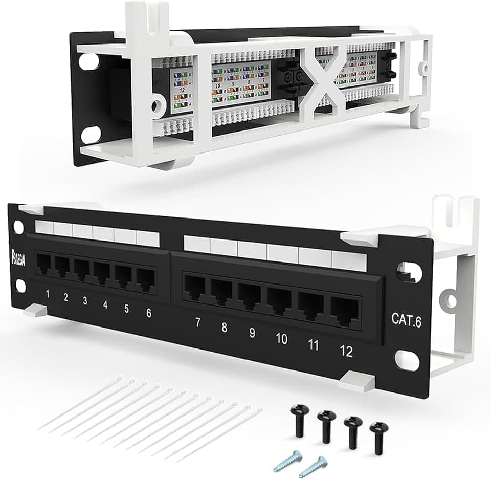 Patch Panel 12 Port Cat6【EC Listed】 Unshielded Wall Mount Included 89D Bracket Vertical or Horizontal Installation Compatible for Cat5e & Cat6 RJ45 Cabling (CAT6 Patch Panel)