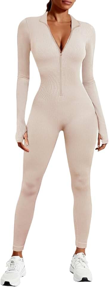 Voqeen Jumpsuit Damen Langarm Zip Up Leggings V-Ausschnitt Yoga Overall Elegant Playsuits Jogging Strampler Hosenanzug Trainingsanzug