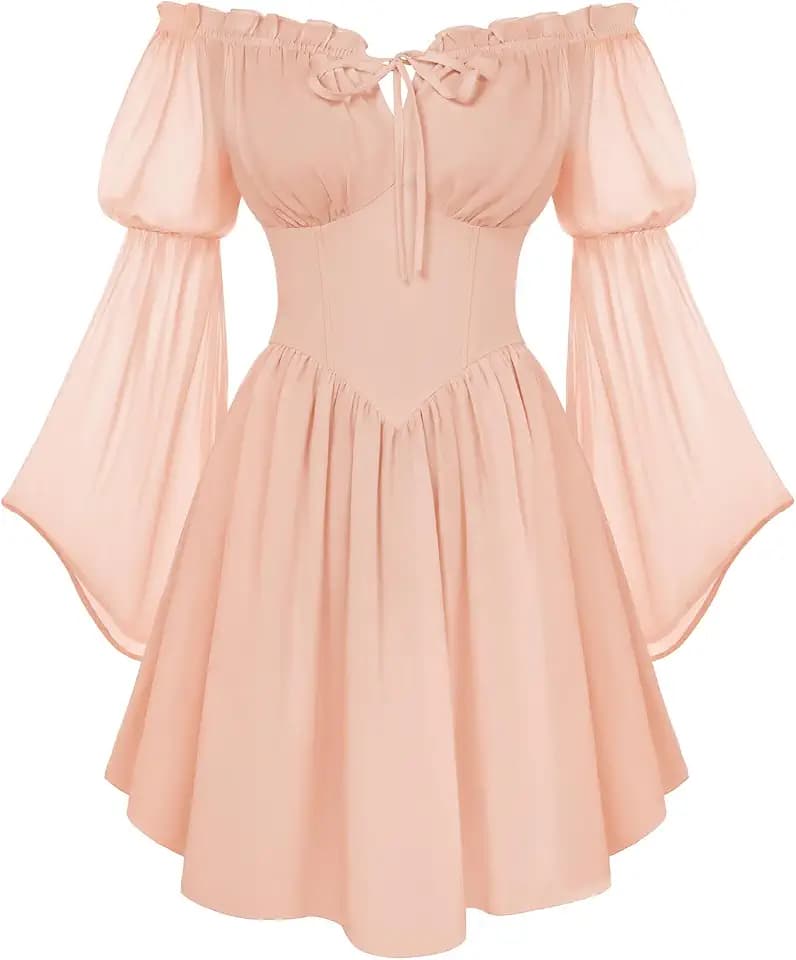 SCARLET DARKNESS Damen Renaissance Sommerkleid Schulterfrei Lace-up Korsett Kleid Chiffon Langarm Minikleid