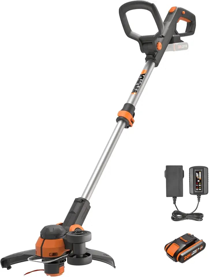 WORX WG163E.1 20V Akku-Rasentrimmer –​​ Inkl. Li-Ion Akku, Ladestation, Spule, Sicherheitsschutz und Rad zum Kantenschneiden, 30 cm Schnittdurchmesser