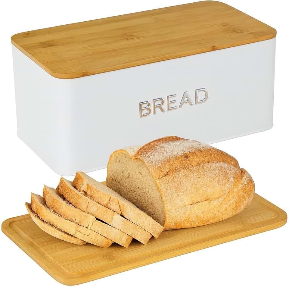 Bread Box for Kitchen Countertop, Homemade Bread - Bamboo Cutting Board Lid
