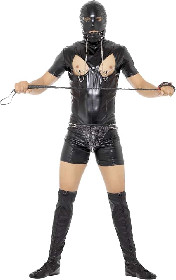 Smiffys - Herren Sklaverei Kostüm, Bodysuit, Haube, Stiefel Überzieher, Stringtanga, Knebel und Nippel Klammern, schwarz