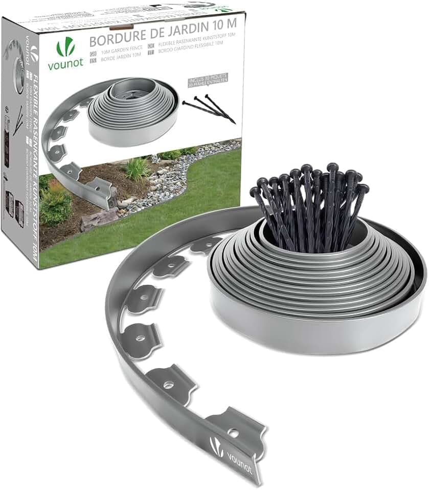 VOUNOT® Flexible Rasenkante Kunststoff mit 30 Erdanker, Länge 10m Höhe 5cm, Grau