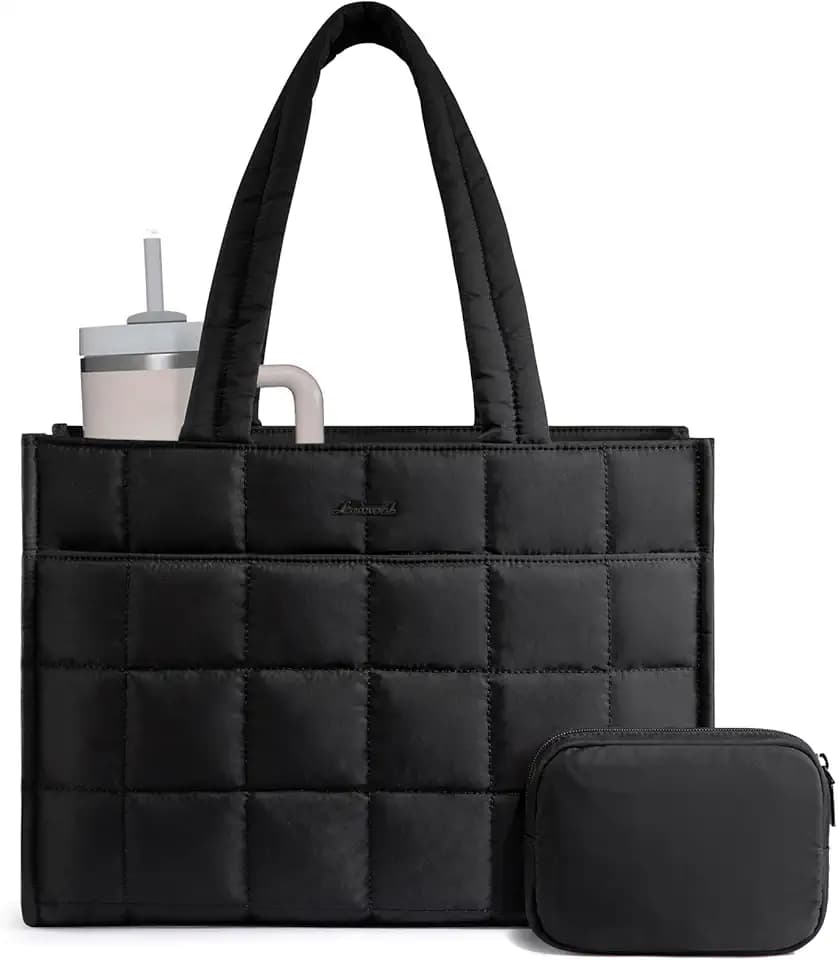 LOVEVOOK Tote Bag for Women, Puffer Work Handbag 15.6 Inch Laptop Purse for Nurse Teacher, Large Quilted Travel Tote Shoulder Bag with Zipper for College Office Clinical Gym, Black