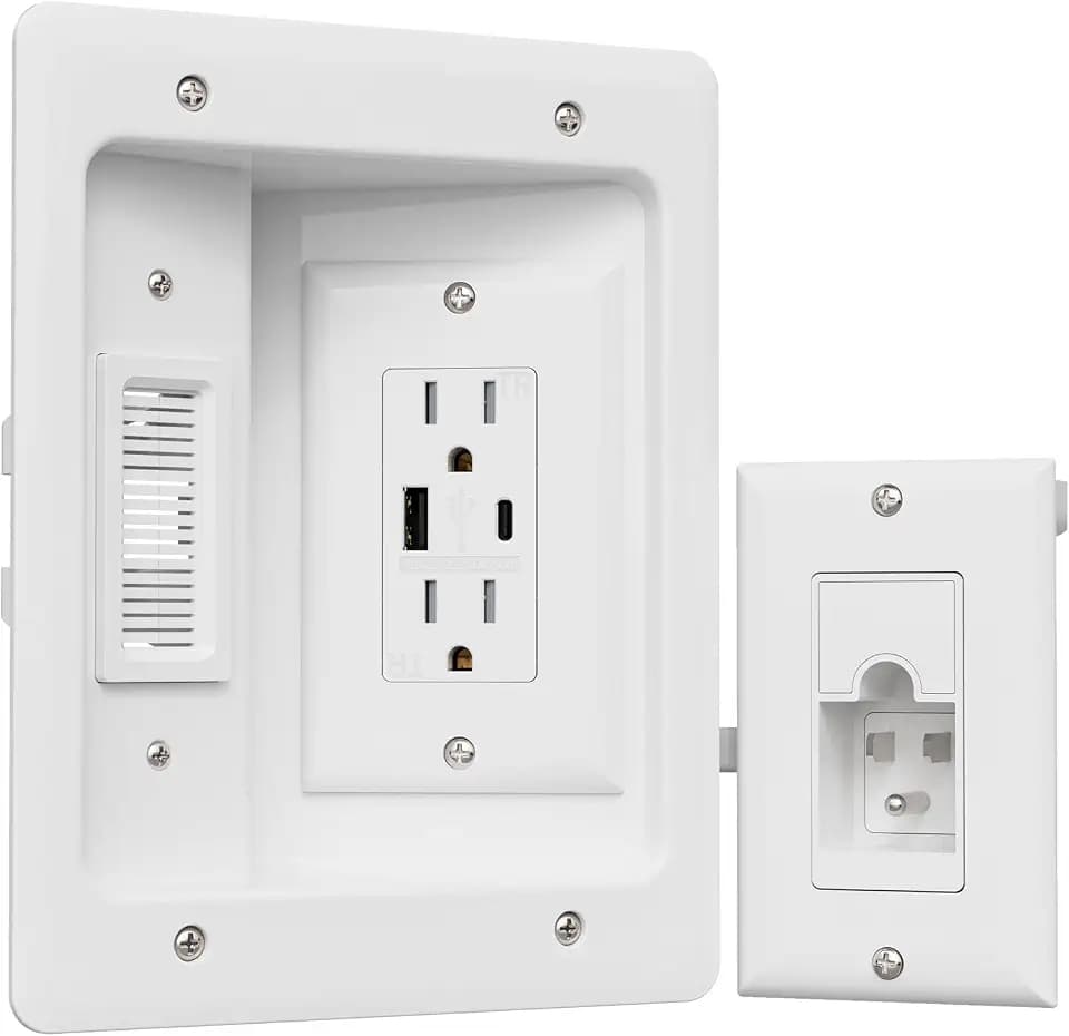 TV Cord Hider for Wall Mounted TV, in-Wall Cable Management Kit, Outlet Box– Dual Outlet Cord Hider with TypeC/USB Power Port & Low Voltage Support, Includes Drywall Saw, Template & Extension Cable
