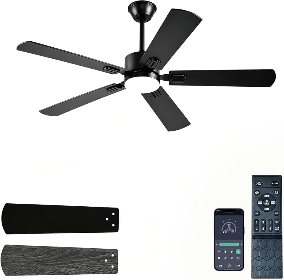 FUMLTP 52 inch Modern Black Ceiling Fans with Lights APP/Remote Control