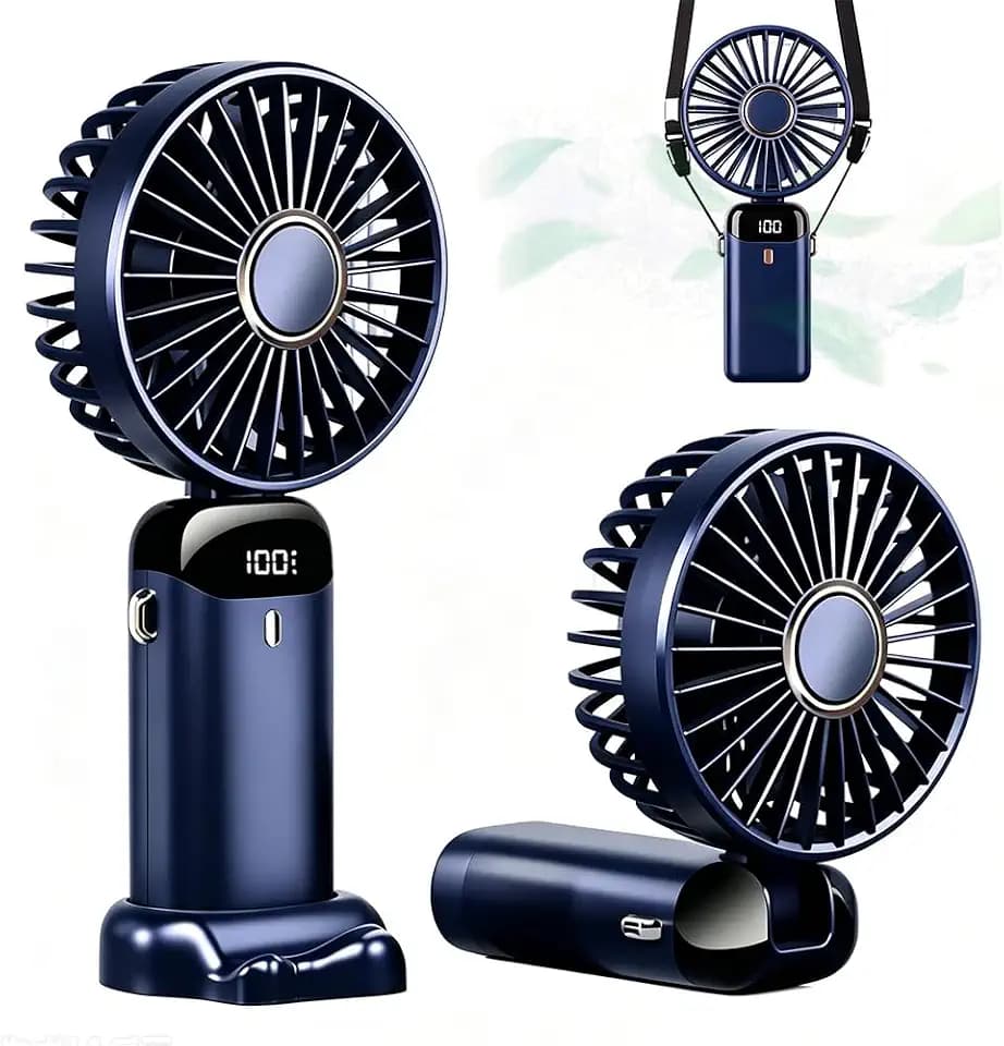 Tragbarer Handventilator, USB-wiederaufladbarer Ventilator mit LED-Display, 5 Geschwindigkeiten, MiniVentilator, 90° faltbarer Schreibtischventilator mit Sockel, USB-Schreibtischventilator für