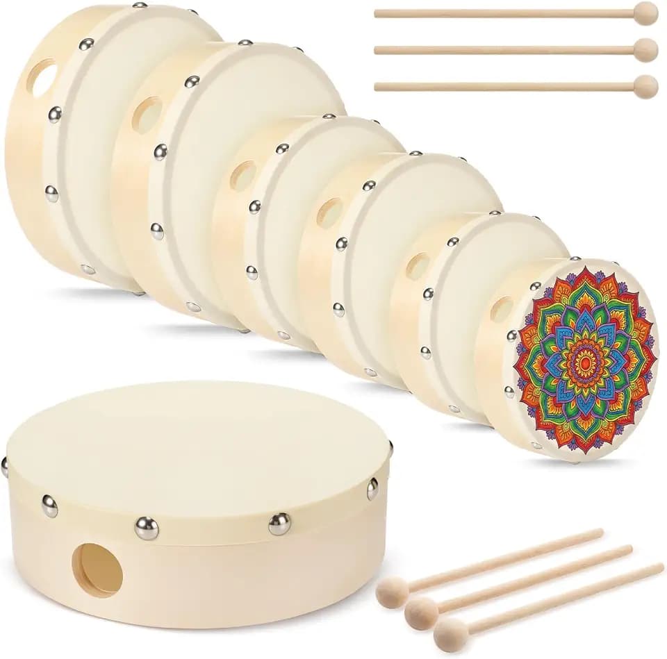 6 Pack Hand Drum Drumhead DIY Handpan Wood Frame Drum with Beater Sticks for Adults (6,8,10 Inch,Beige)