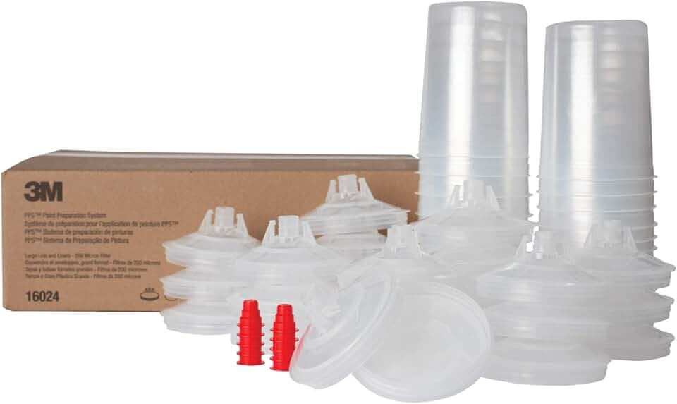 3M PPS (Original Series) Paint Spray Gun Cup Lids and Liners Kit, Large, 28 oz, 200-micron Filter, Use w/ Paint Gun for Cars, Furniture, Home, 25 Disposable Lids and Liners, 10 Sealing Plugs, Factory