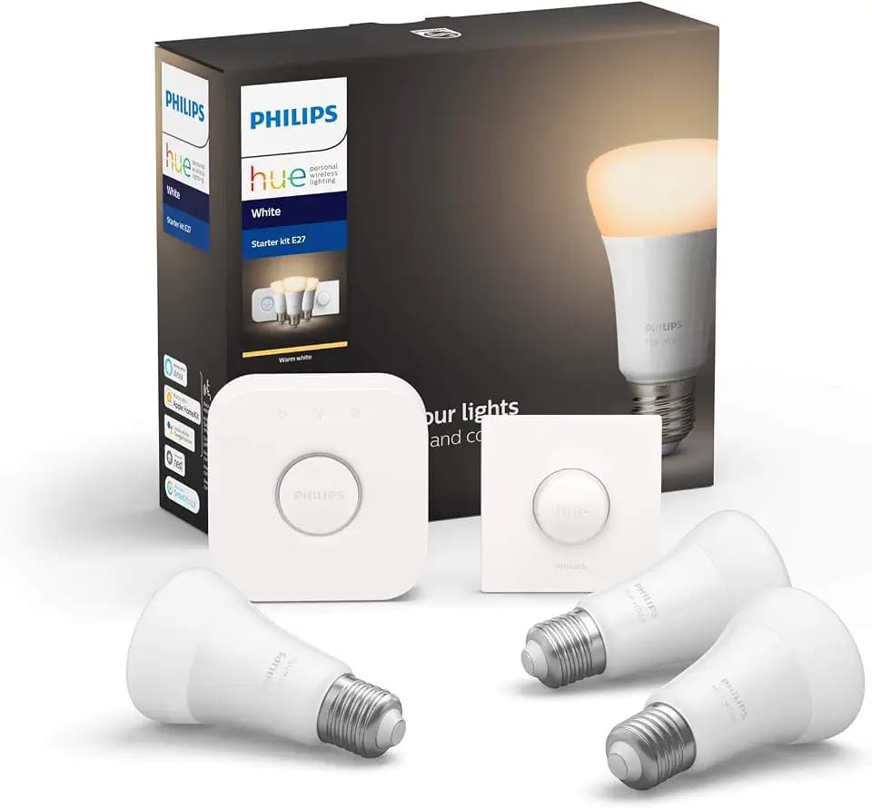 Philips Hue White E27 3er 806lm Sarter Set ink. Smart Button, dimmbar, warmweißes Licht, steuerbar via App, kompatibel mit Amazon Alexa (Echo, Echo Dot)