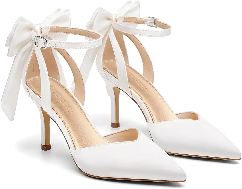 Coutgo Women's Kitten Heels Closed Pointed Toe Pumps Bow Ankle Strap Wedding Party Dress Shoes