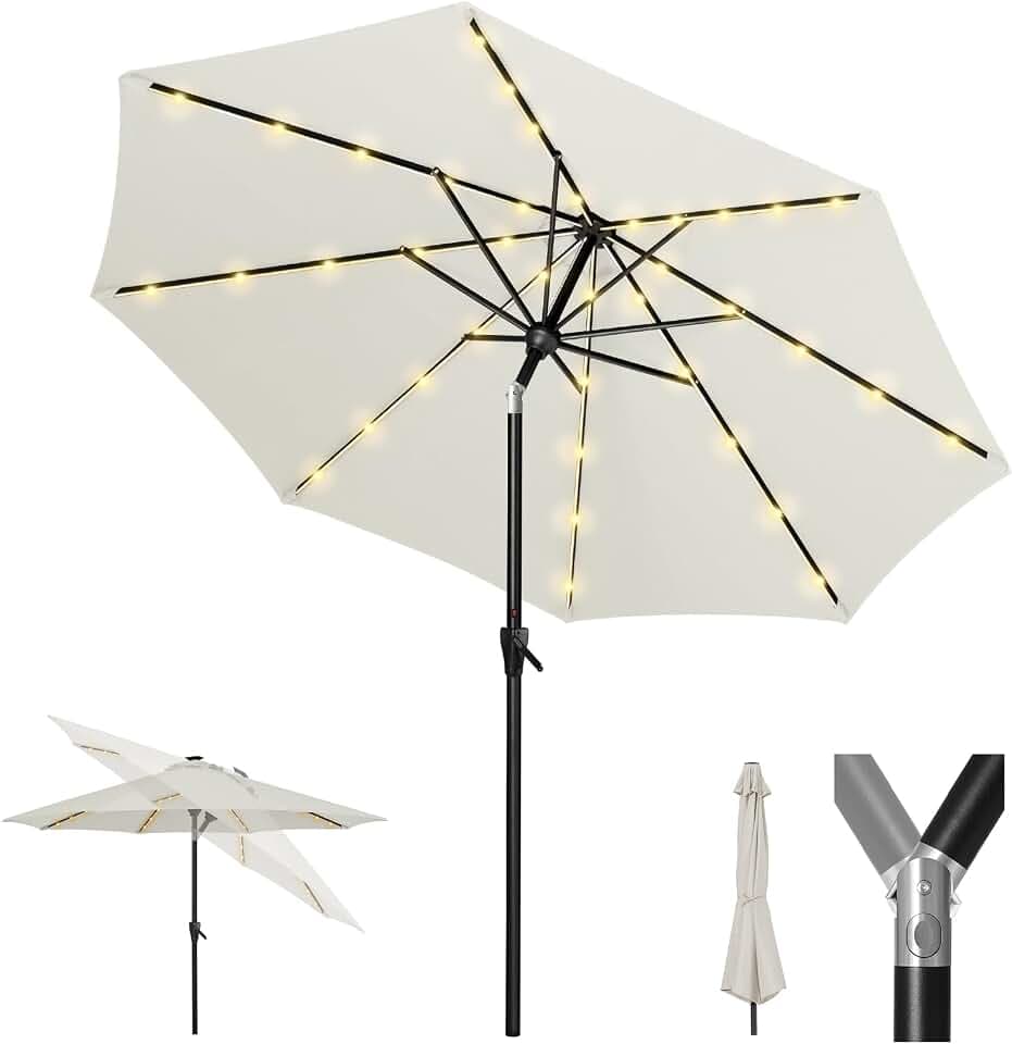 Tempera Patio LED Umbrella with Light | Solar Outdoor Umbrella | Market Table Parasol with Push Button Tilt and Crank, with Sturdy Pole & Fade Resistant Canopy, Easy to Set