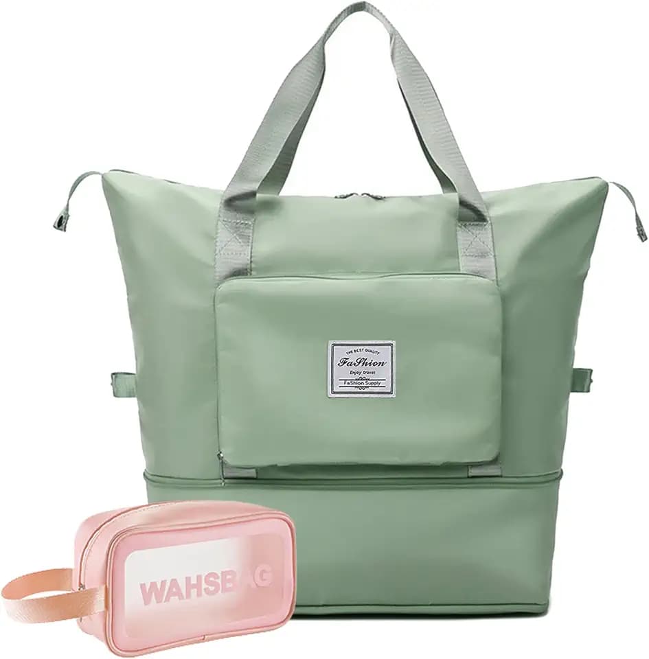 Large Capacity Travel Bag, Foldable Travel Bag, Expandable Duffel Bag, Collapsible Waterproof Large Capacity Handbag, Overnight Bags for Women and Man(Light Green+Toiletry Bag)
