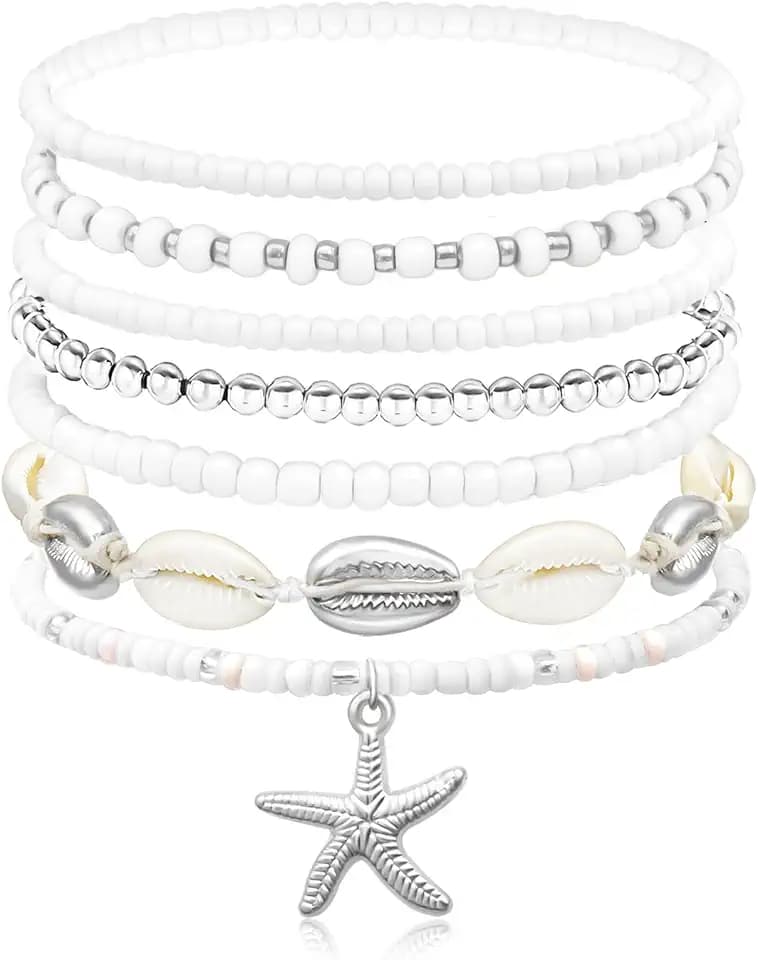 Beach Bracelets for Women Bohemian Stackable Heishi Surfer Bracelet Set Elastic Seashell Starfish Boho Friendship Bracelets for Summer Beach Party Holiday Vacation Jewelry