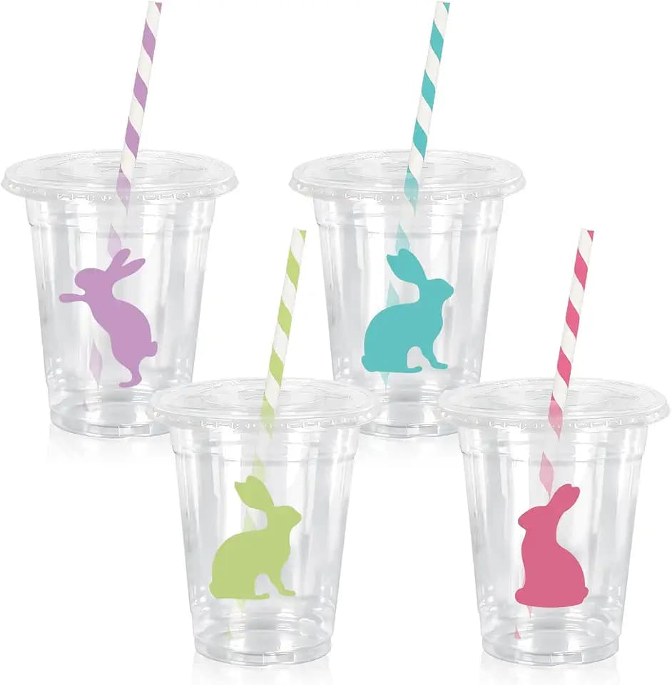 JarThenaAMCS 50 Pcs Easter Plastic Cups with Lids Straws Bunny Drinking Cup 12 Oz Purple Blue Green Pink Rabbit Disposable Cups for Spring Wedding Birthday Dinner Party