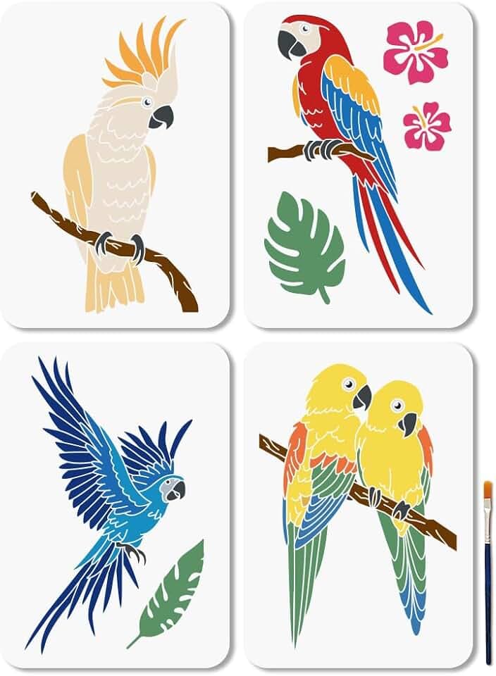 MAYJOYDIY 4Pcs Parrot Stencils Reusable Bird Branch Stencils for Painting 8.3×11.7 Inch Animal Drawing Templates with Paint Brush for Wall Furniture Floor Paper Canvas Scrapbook Decoration