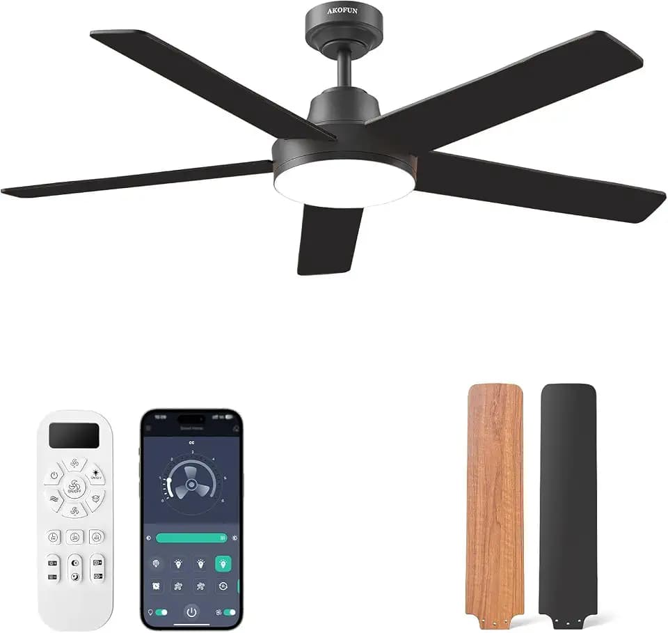 AKOFUN Ceiling Fans with Lights and Remote, Low Profile Ceiling Fan with Light, 6 Speed, Dimmable, DC Motor, Quiet, Timer, Modern LED Ceiling Fan for Bedroom Living Room 52 inch, Black
