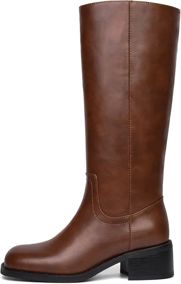 Knee High Boots Women Square Toe Chunky Block Heel Banana Campus Boot Wide Calf Comfortable Low Heel Riding Long Boots