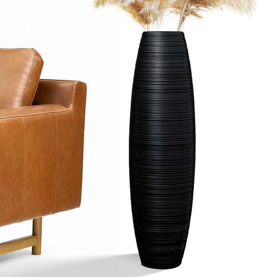 Hohe Bodenvase, 70 cm, große Bodenvase, stabil, luxuriös, strukturiert, Gefäß für dekorative Zweige, getrocknete Blumen, hohe Vase für Dekoration, Kunstharz, Schwarz
