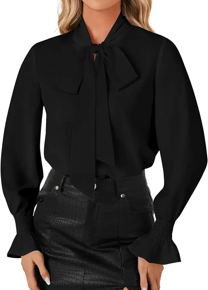 LYANER Women's Bow Tie Neck Business Work Blouse