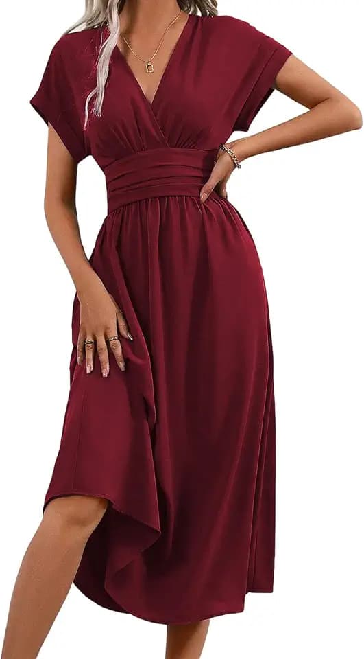 LIAMERHE Damen Langarm/Kurzarm V-Ausschnitt Sommer/Winter Elegant Lang Kleider Herbst Freizeitkleider Plissee Hohe Taille Lässiges Kleid Boho Stil A-Linie Strandkleid Frühling