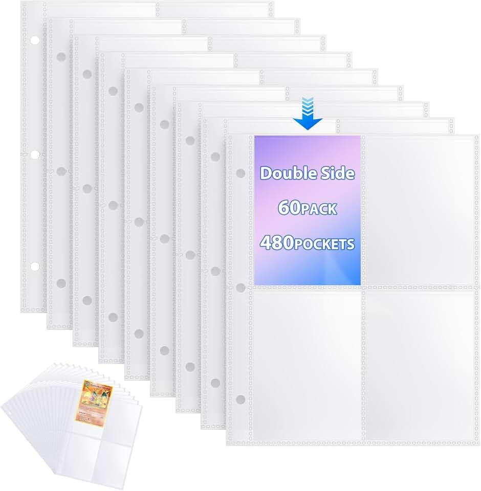 Sammelkarten Hüllen, 60 stück Transparent Sammelkarten Hüllen Doppelseitiger 480 Pockets, 4 Taschen Seitenschutz, Transparent Karten Photocard Sleeves Löcher Ringbüchern für Sammeln aller Arten (A)