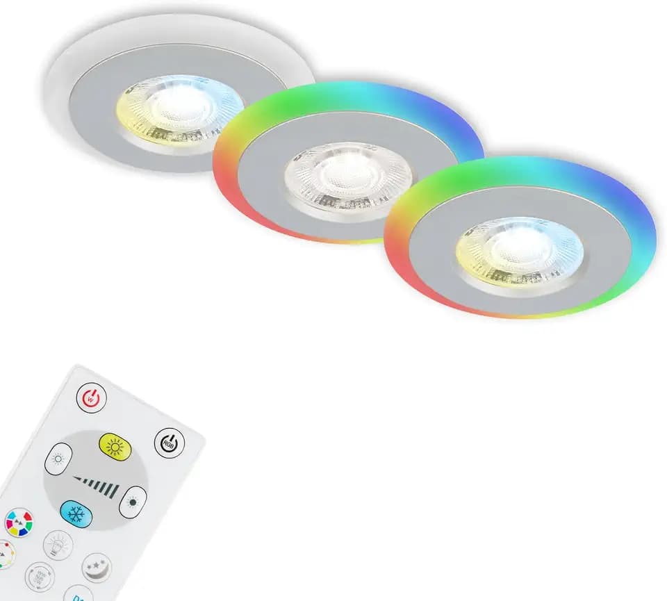 Briloner Leuchten - 3er Set Einbauleuchten Decke LED, LED Lichtring RGB CCT, Einbaulampen flach, Einbaustrahler Bad, Badeinbaustrahler IP44, Chrom-Matt, 84x34 mm (DxH)