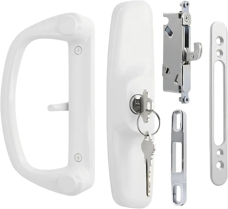 Aluminum Sliding Glass Patio Door Handle Set with Mortise Lock & Keys, Fits 1-1/4" to 2" Thick Doors 3-15/16" Hole Spacing, Adjustable Thumb Latch, Non-Handed, White