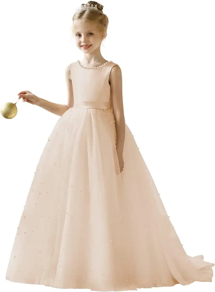 JISISANG Satin Tulle Flower Girl Dress Pearls Beach Wedding Junior Bridemaid Girl Formal Guest Dresses Kids Birthday Party Peals Bow Knot Princess Pageant Beauty Prom Ball Gowns Size 10