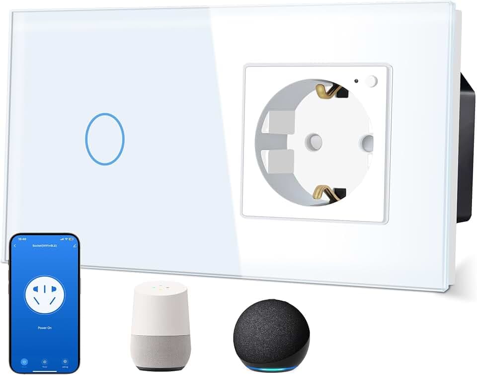 TAWOIA Smart Lichtschalter 1 Fach 1 Weg mit Wlan Steckdose,1 Fach,16A,APP-Steuerung,Arbeit mit Alexa,Glasrahmen,86 * 157mm,Weiß,Wlan Nur 2.4 GHz