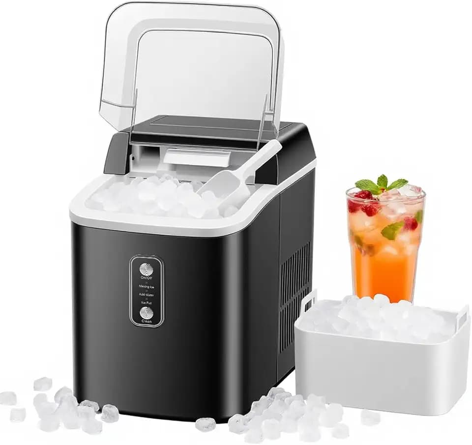 NEWBULIG Nugget Ice Makers Countertop, Portable Nugget Ice Machine, Ready in 6 Mins, 24lbs in 24Hrs, Auto-Cleaning, with Basket and Scoop, for Home, Kitchen, RV, Camping, Black