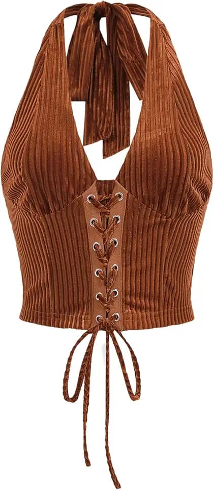 Verdusa Women's Western Halter Corset Tops Lace Up Backless Crop Top