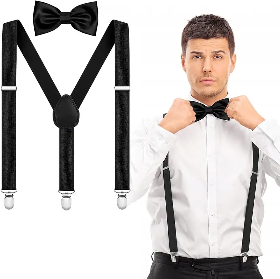 AOOWU Hosenträger Breit Mit Fliege im Set, 3,5 Cm Verstellbar für Herren Mit Sehr Starken 3 Metallklammern, Einheitsgröße für Männer und Frauen (Schwarz)